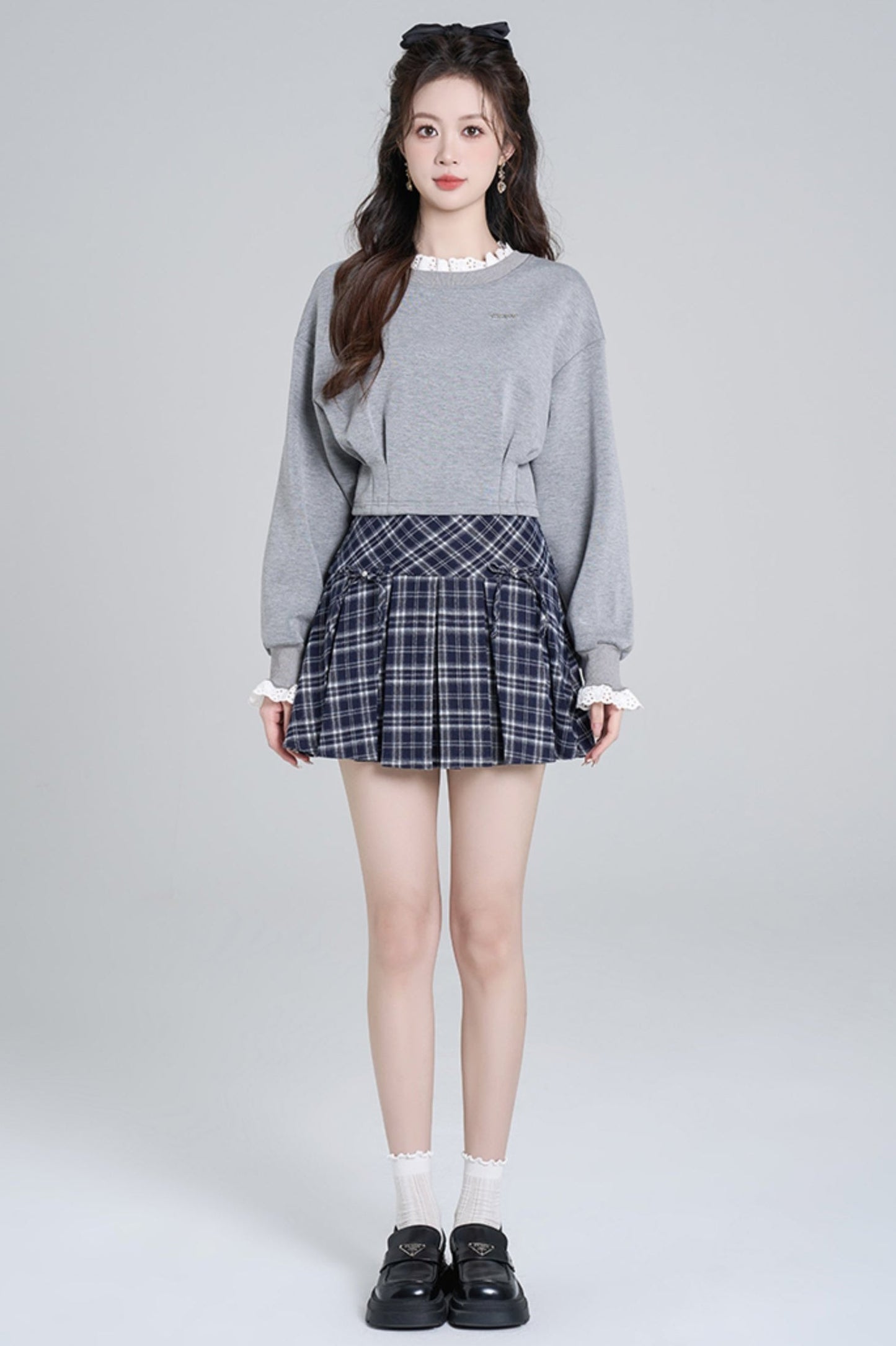 Gray Lace Sprice Pulu Over Cropt Top + Check Kart