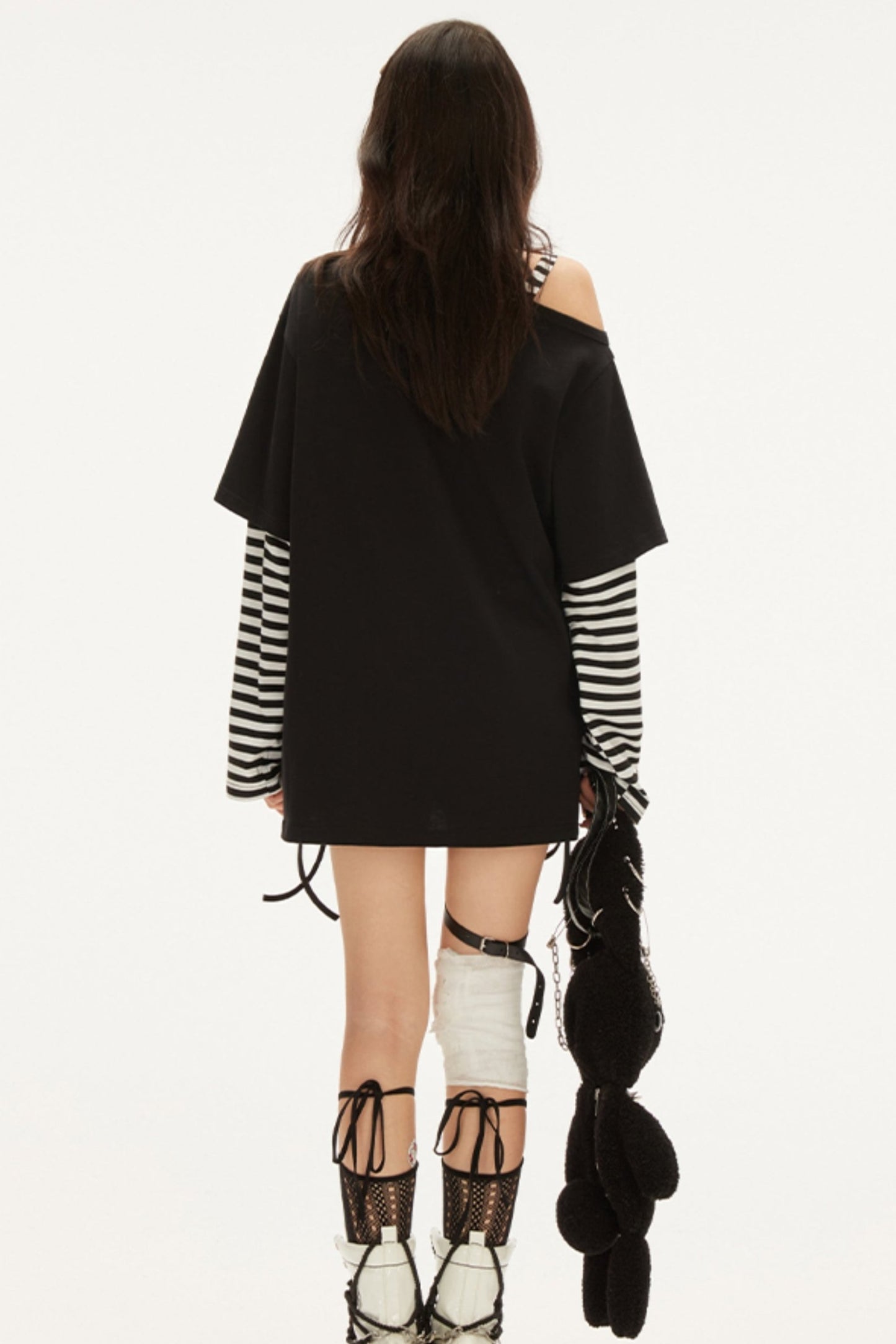 Striped Patchwork Off-Shoulder Long T-Shirt