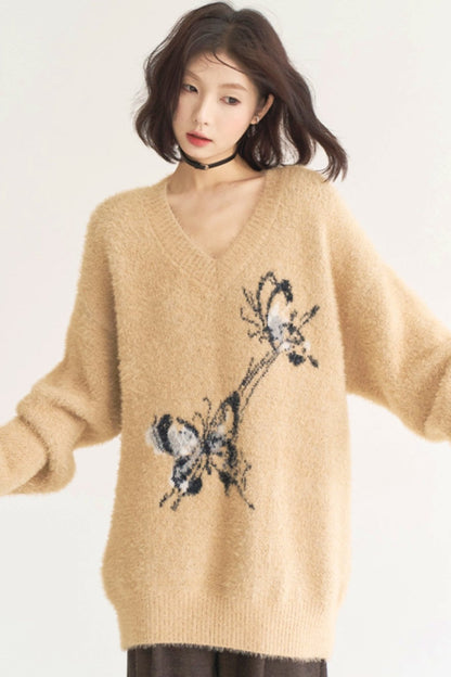 Loos -fit butterfly V -neck sweater