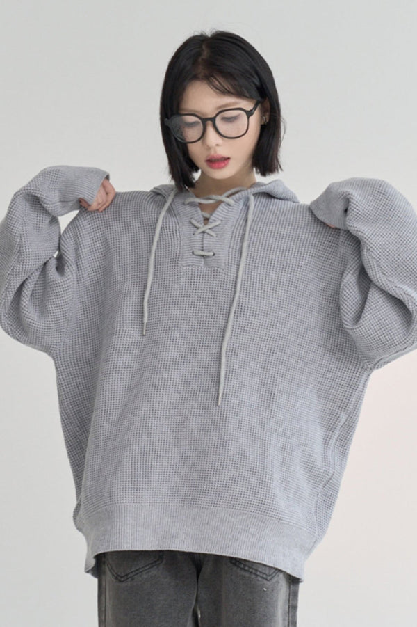 Solid Color Loose Knit Hooded Tops