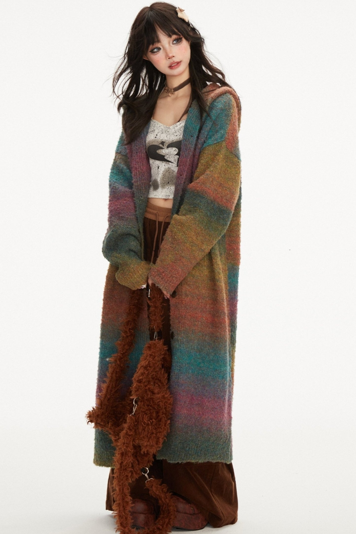 Long Rainbow Gradation Knit Cardigan