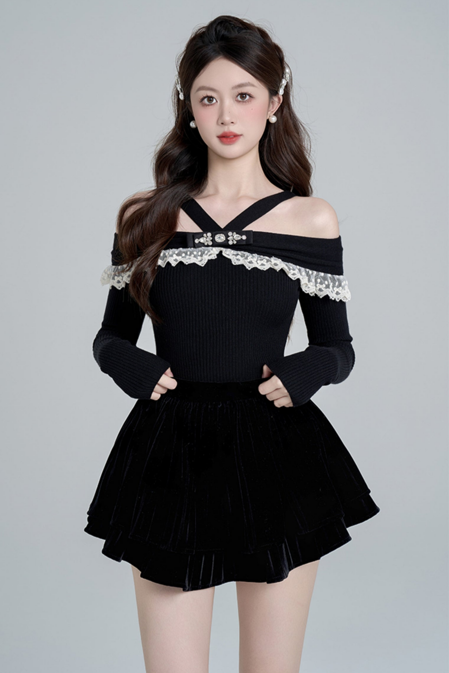 One shoulder black knit sweater