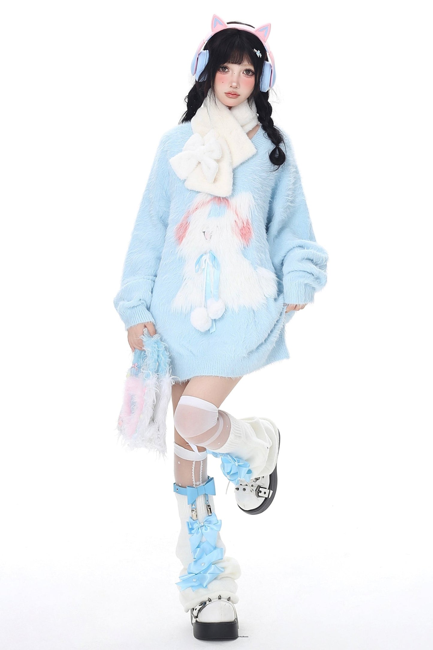 Faux Mink Bunny V Neck Fluffy Sweater