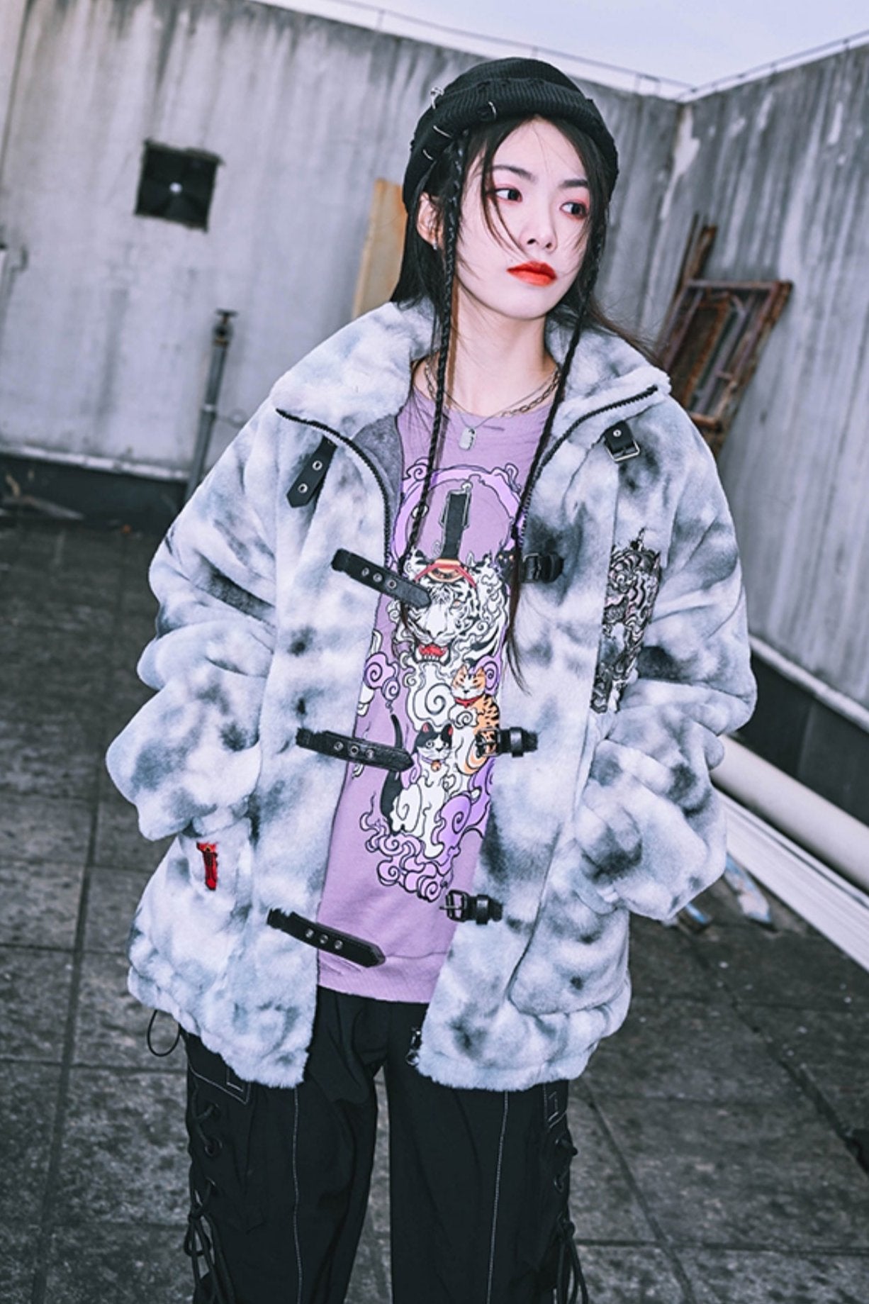 Stand-Up Collar Embroidered Fur Coat