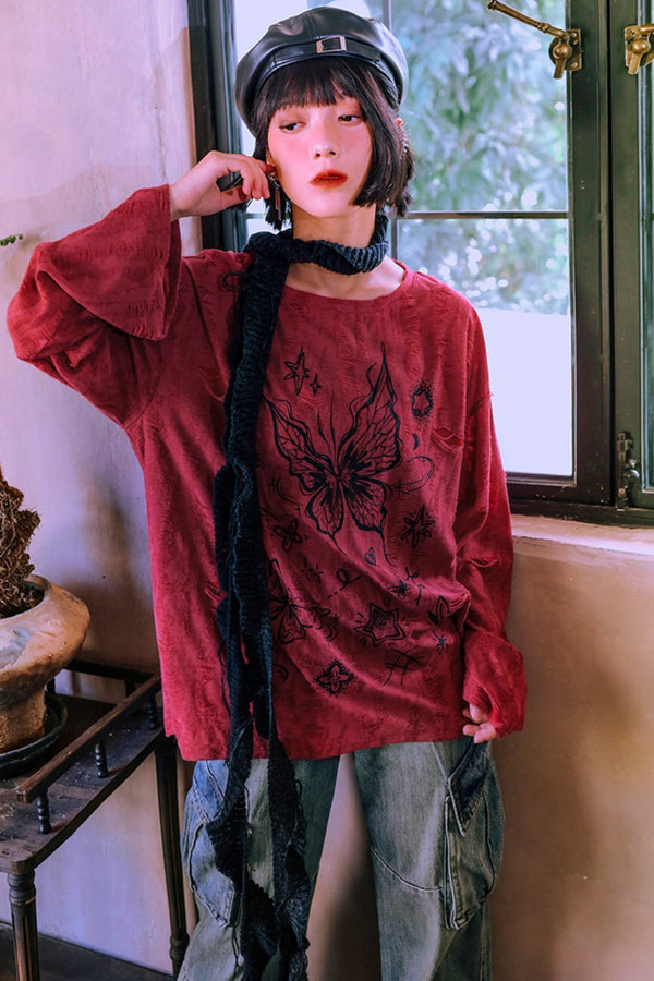 バタフライシャドウレッドホットガールプリントトップ