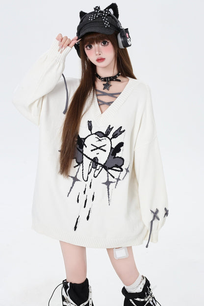 Tie V-Neck Loose Pullover Sweater