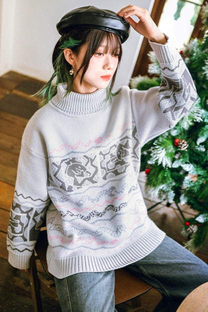 High Neck Jacquard Retro Sweater