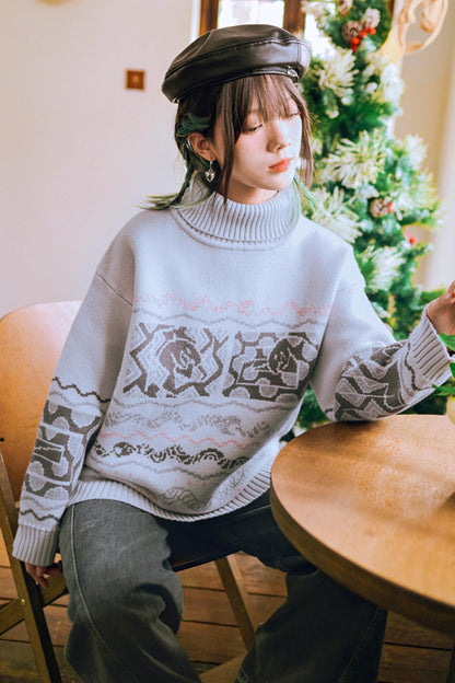 High Neck Jacquard Retro Sweater