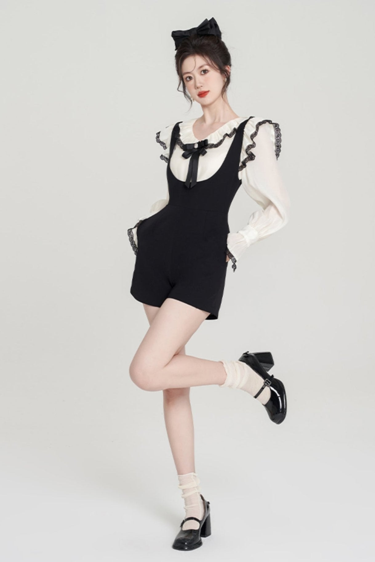 French Ruffle Shirt Suspender Shorts Set