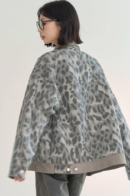 Roll neck leopard print denim jacket