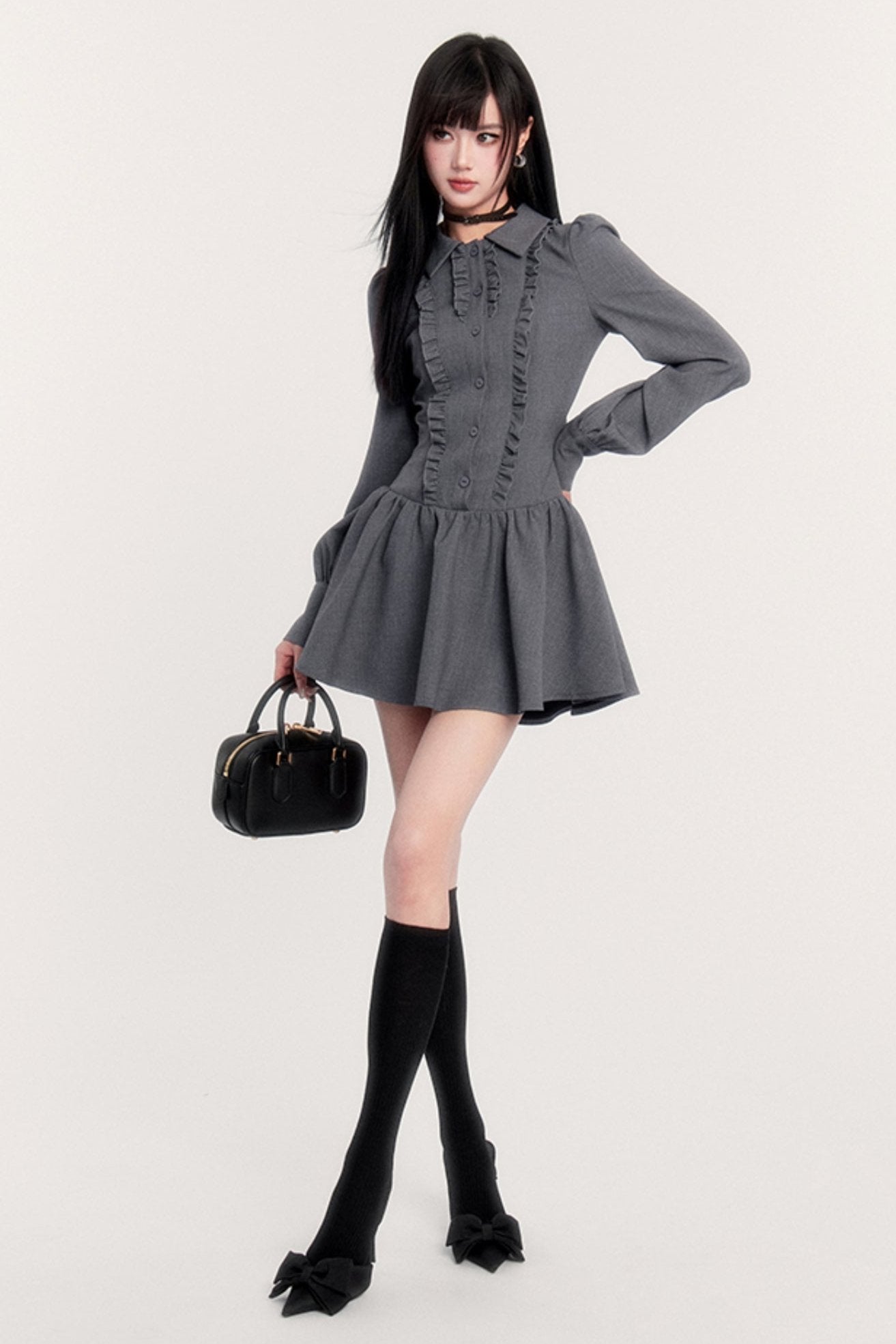 Slim Bow Long Sleeve Shirt Dress