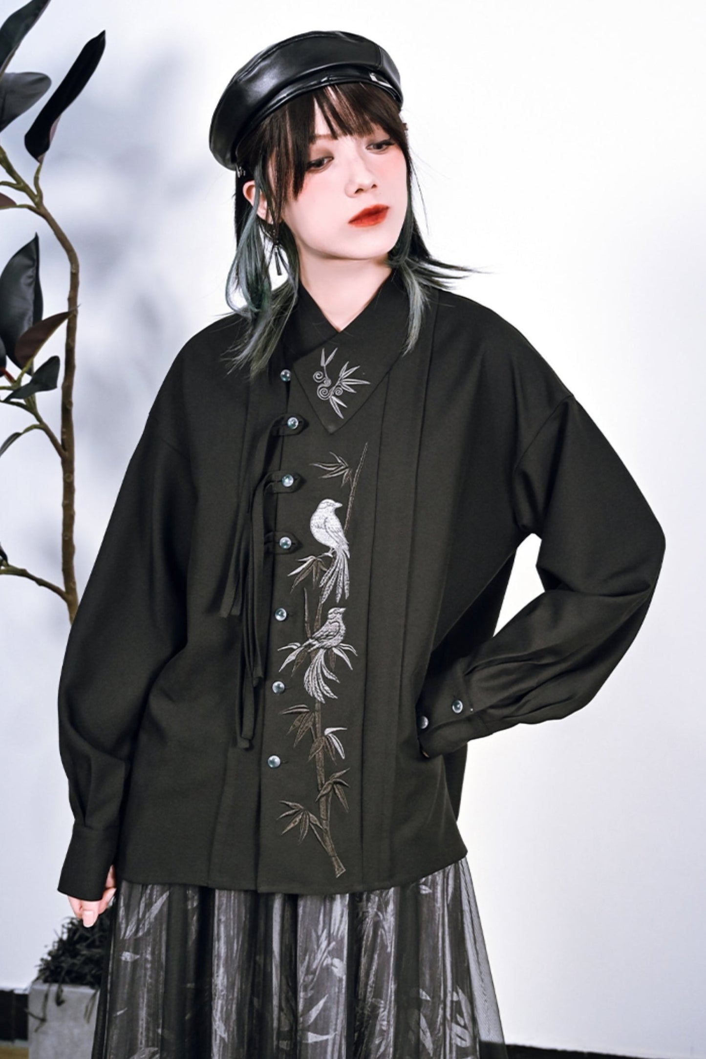 Black Embroyidal Leadia Gonal Placket Shirt