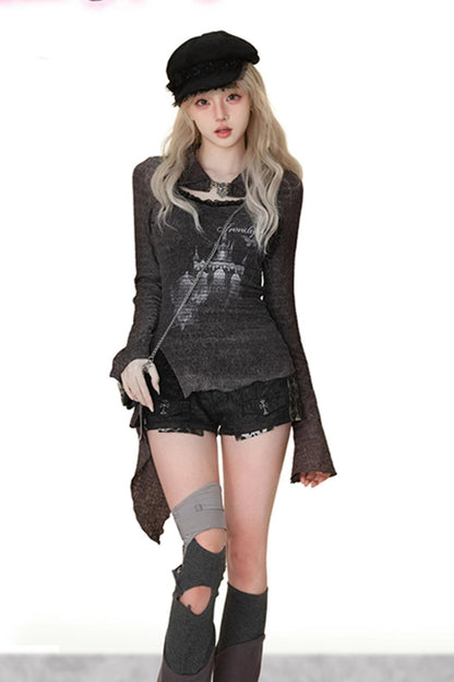 Black Leopard Print Cropped Shorts Slim Shirt Set