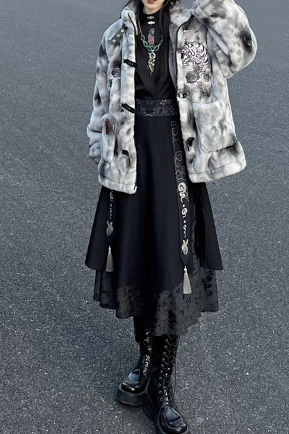 Stand-Up Collar Embroidered Fur Coat