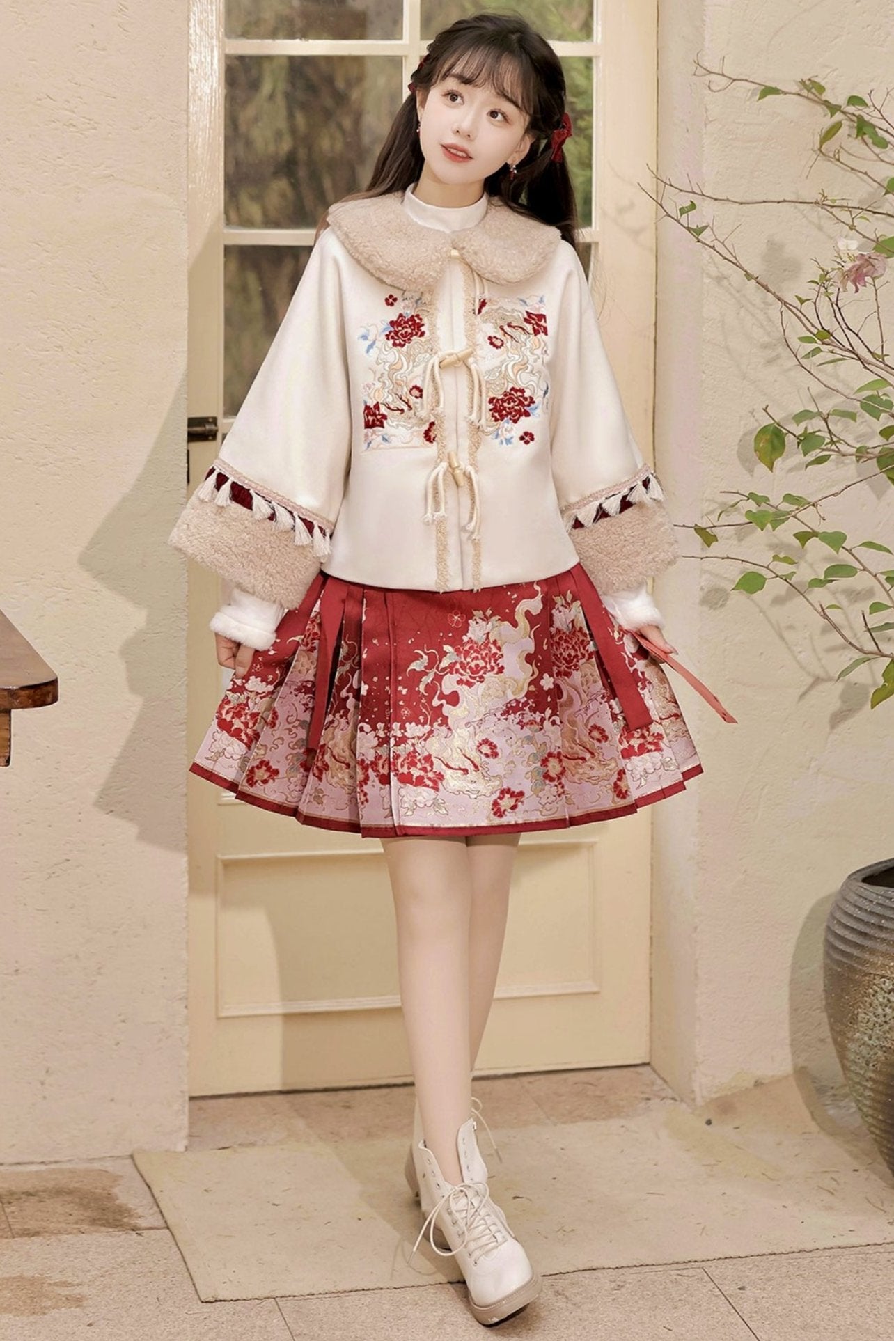 Retro flower coat + skirt + inner