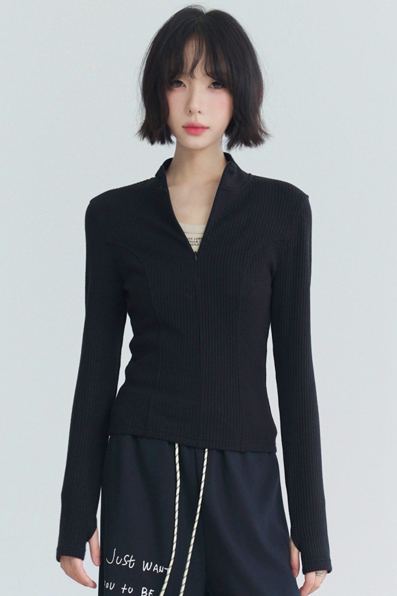 Zipper Half Color Slim Knit Top