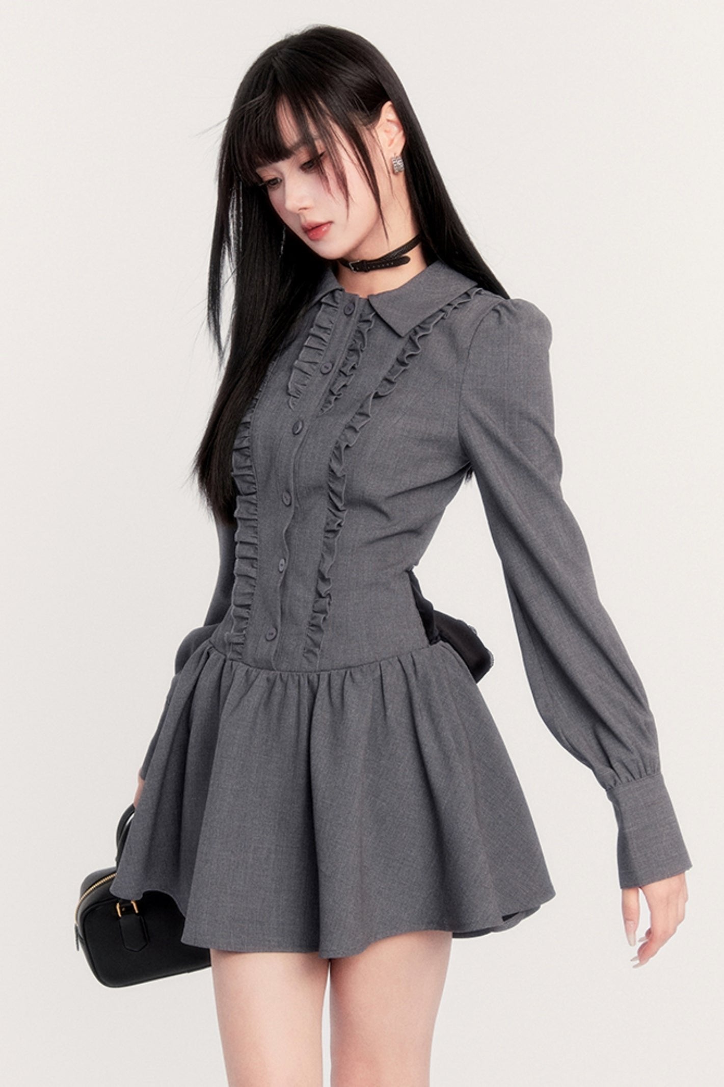 Slim Bow Long Sleeve Shirt Dress