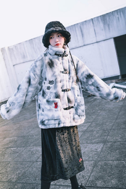 Stand-Up Collar Embroidered Fur Coat