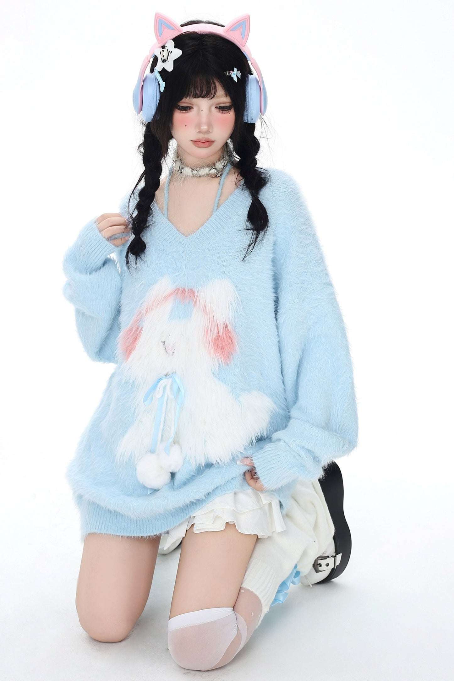 Faux Mink Bunny V Neck Fluffy Sweater