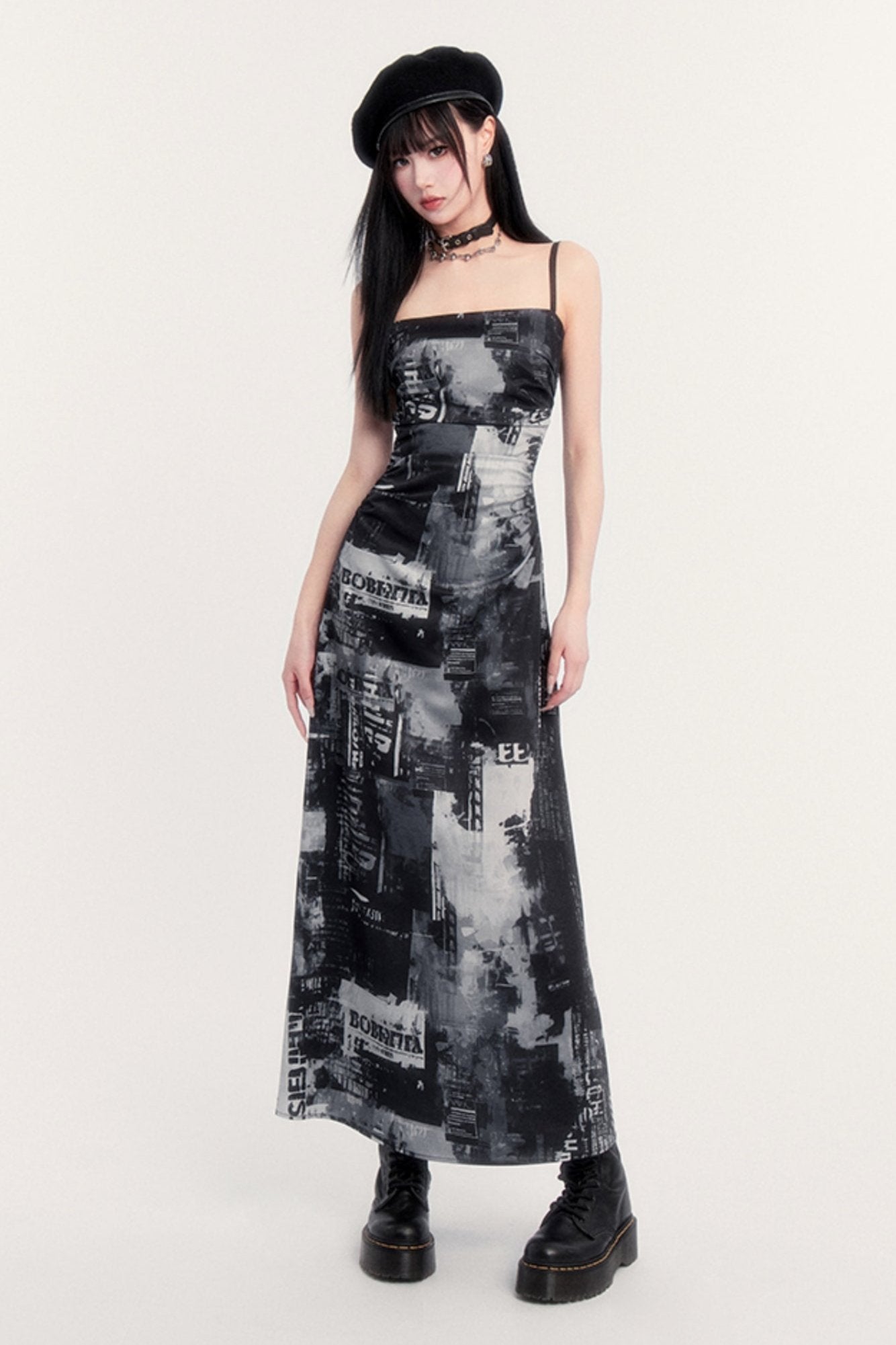 Pictorial print slim long slip dress