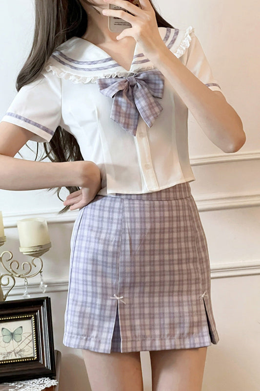 [Reservation product] Sweet Girly Sailor Top + Check Ribbon Tight Skirt + Ribbon