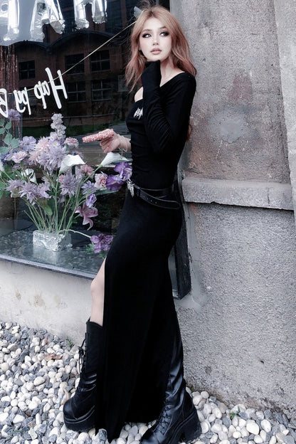 Blacks Slanted Shoulder Slit Dress