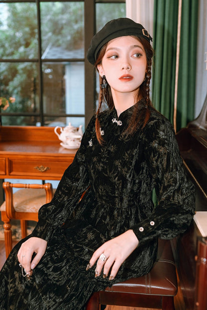 Black Velvet Chou Sam Collar Long Dress