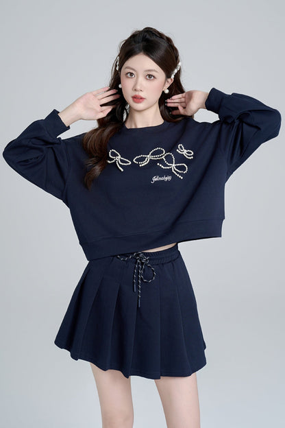 Round neck pullover sweat skirt set