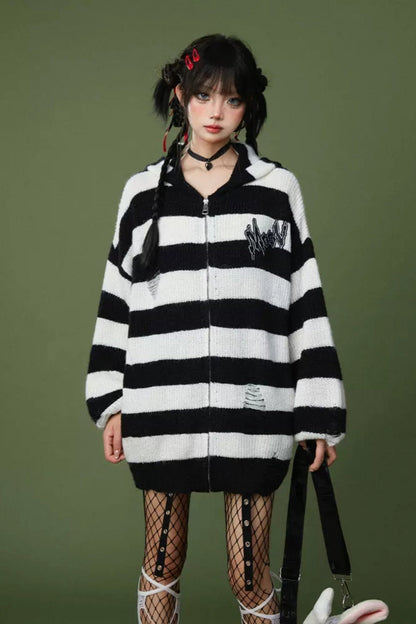 Striped Contrast Knit Hoodie