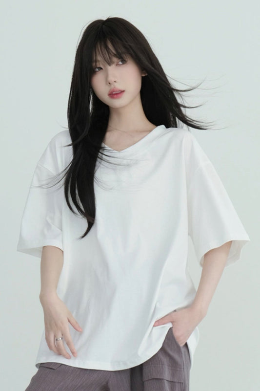 Loose Solid Color Vintage Neck Tops