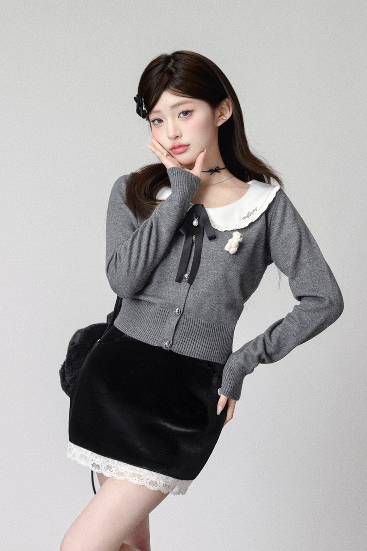 Doll neck knit cardigun set