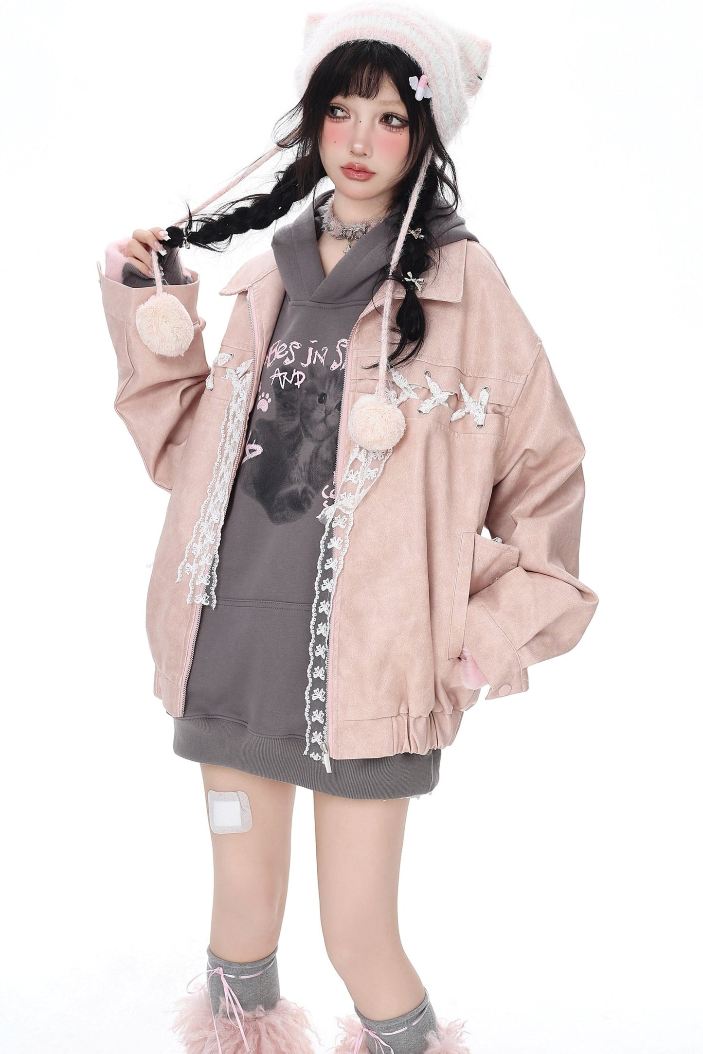 Loose Pink Bow Tie Leather Coat