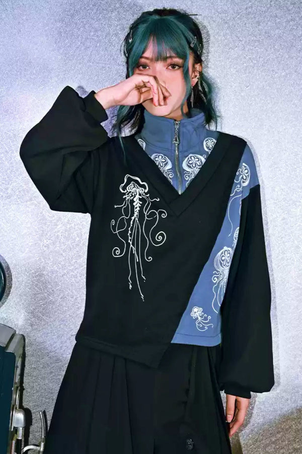 プリントカラーブロックフェイクツースウェット