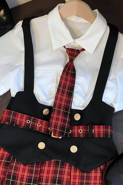 Red Plaid Vest Skirt Uniform Set-Up