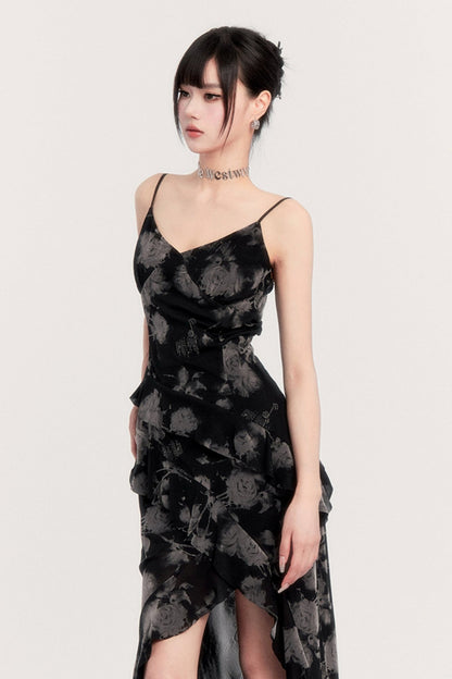 Dark Close Slit Floral Slip Dress