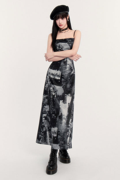 Pictorial print slim long slip dress