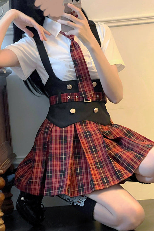 Red Plaid Vest Skirt Uniform Set-Up