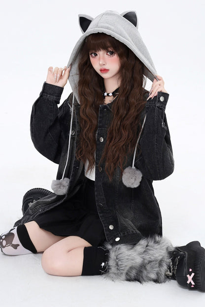 Cat Ear Hoodie Two Piece Denim Jacket