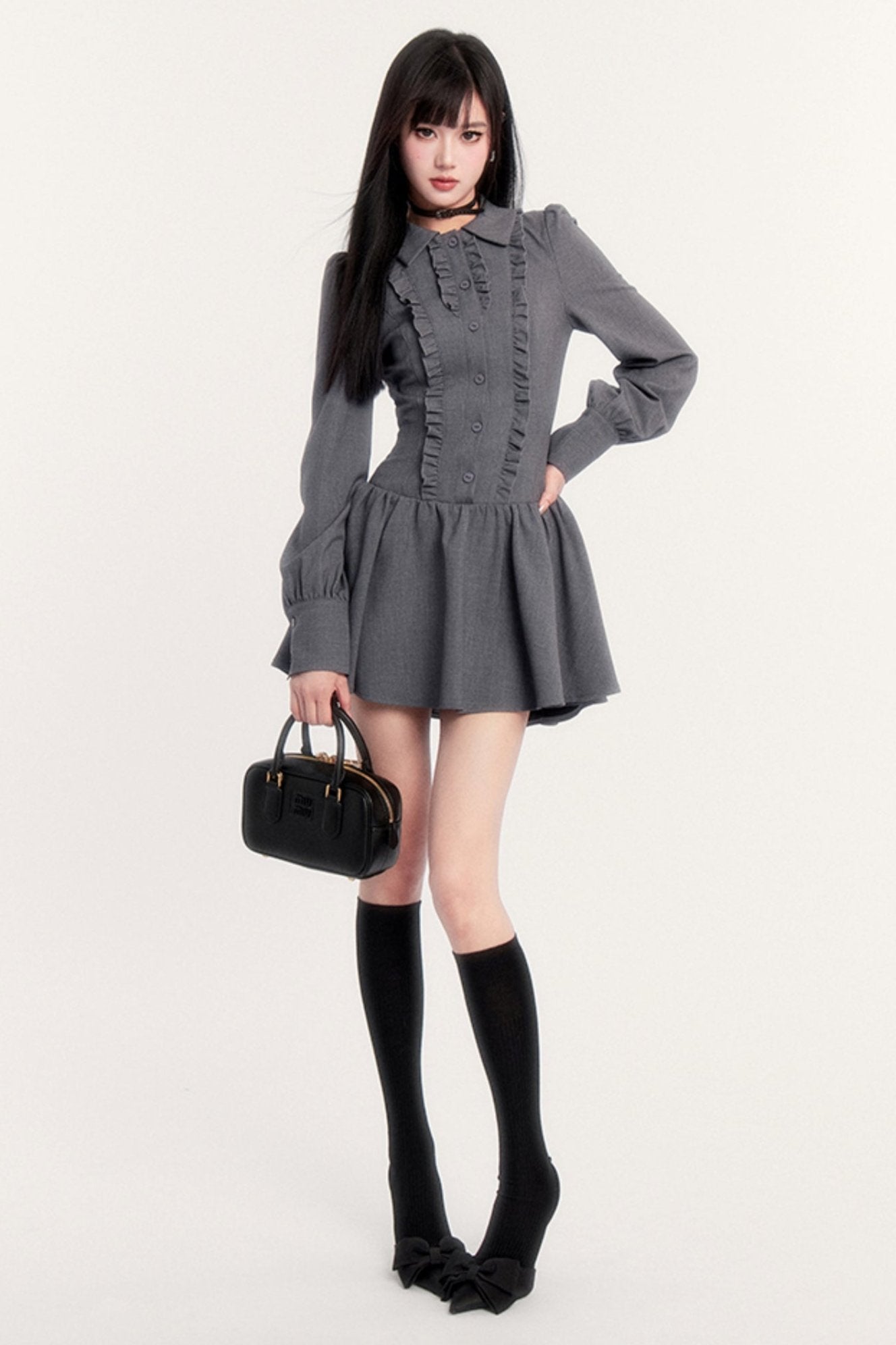 Slim Bow Long Sleeve Shirt Dress