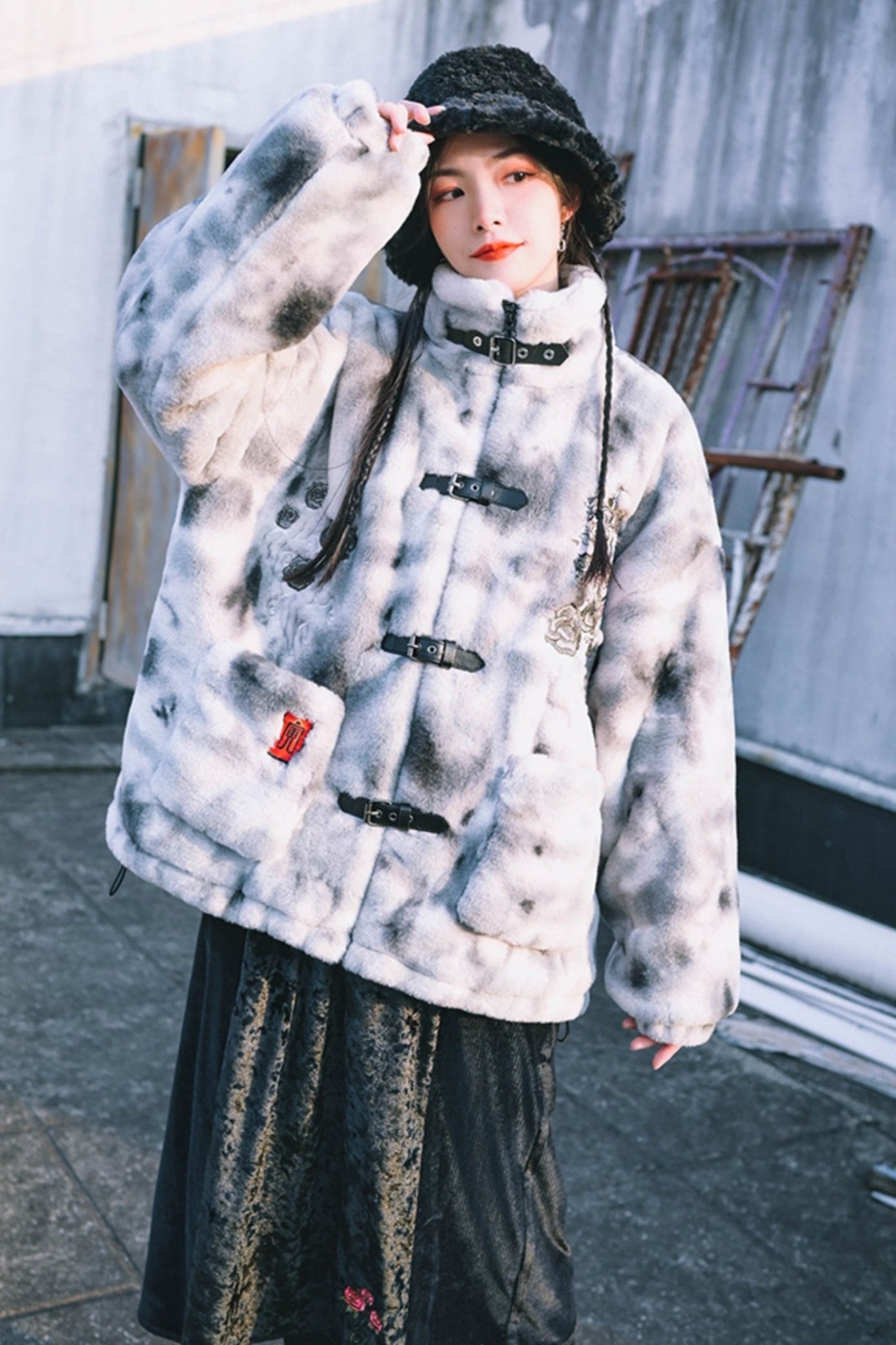 Stand-Up Collar Embroidered Fur Coat