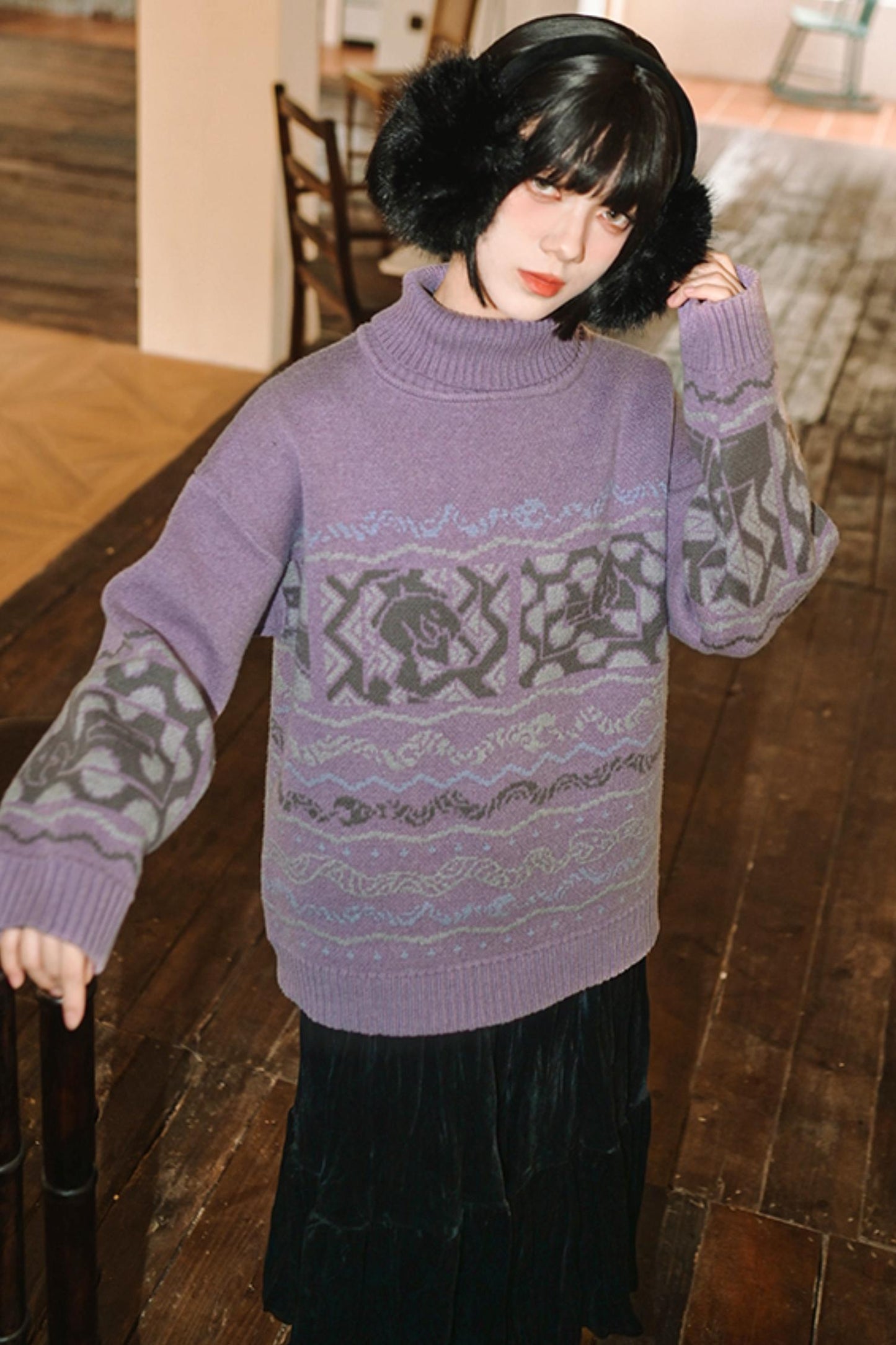 High Neck Jacquard Retro Sweater