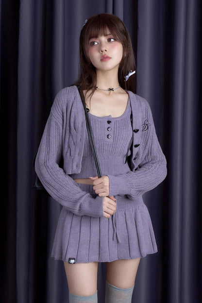 Gray and Purple Knit Suspender Skirt Set