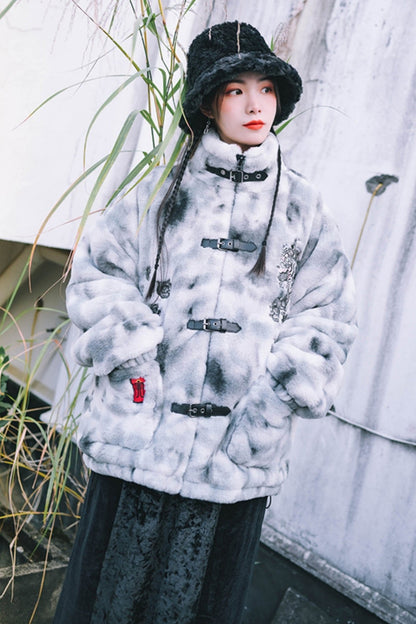 Stand-Up Collar Embroidered Fur Coat