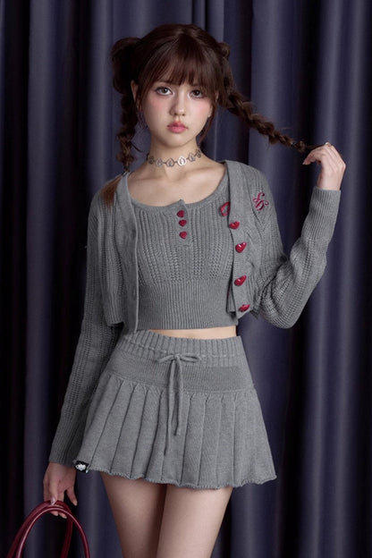 Gray and Purple Knit Suspender Skirt Set