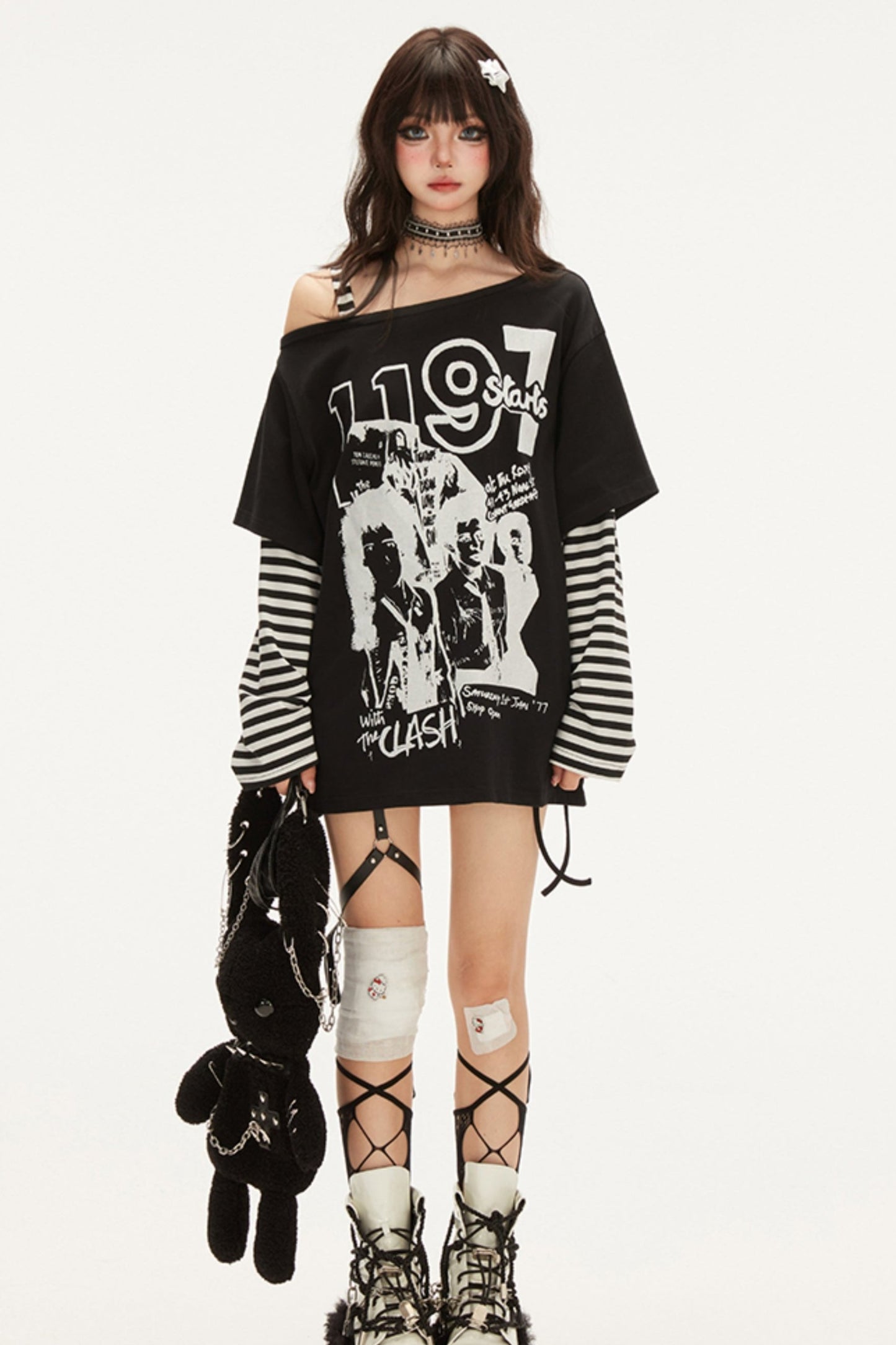 Striped Patchwork Off-Shoulder Long T-Shirt