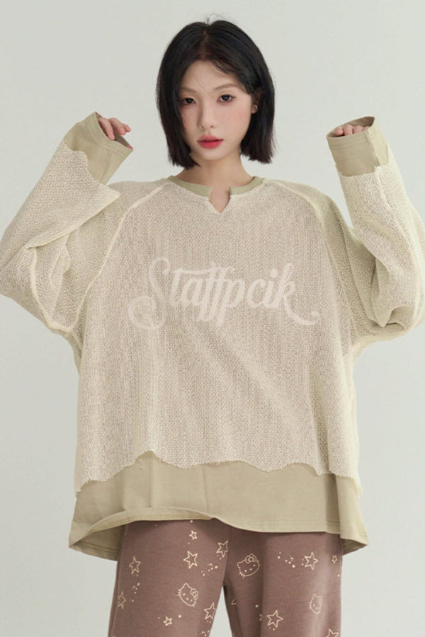 モノグラムプリントVネックメッシュトップ