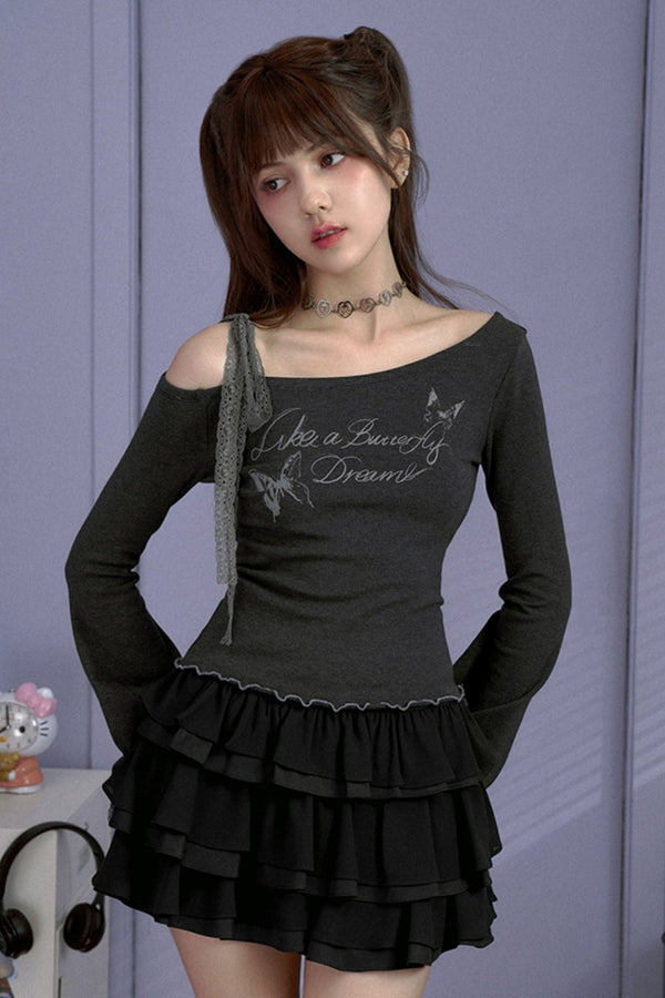 ボウオフショルダークロップトップス