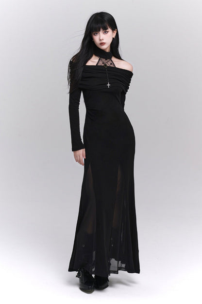 One-Shoulder Halter Neck Dark Dress