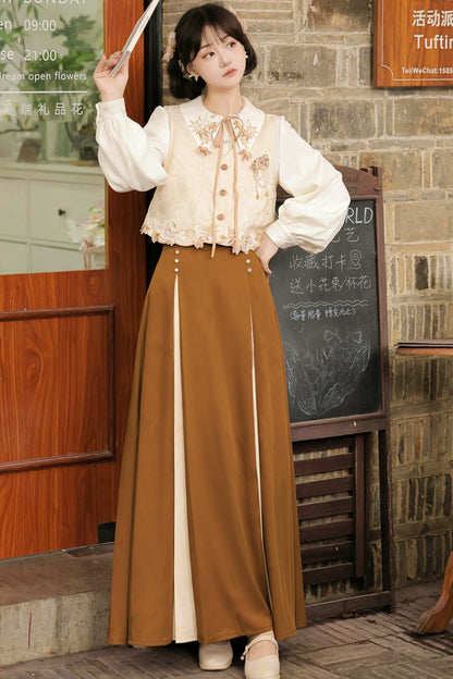 Retro Autumn Chinese Best+Shirt+Skirt