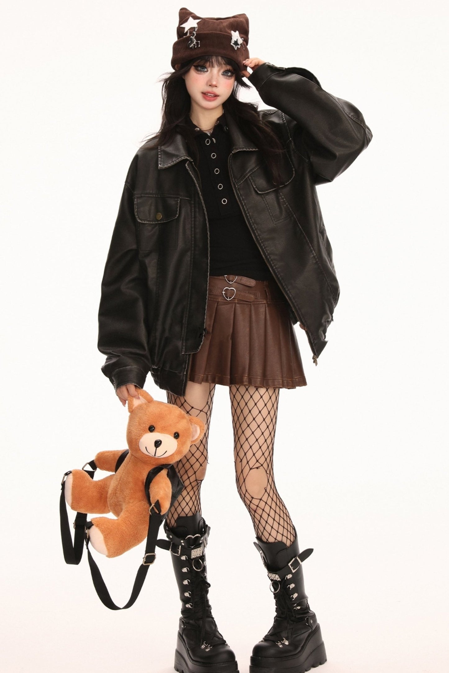 Black Retro Distrest PU leather jacket